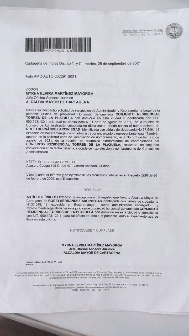 Este es el documento que aparece de la inscripción del consejo de administración de Torres de la Plazuela en forma espuria. Presentaron un acta presuntamente falsa con la suplantación de la secretaria general de la asamblea.