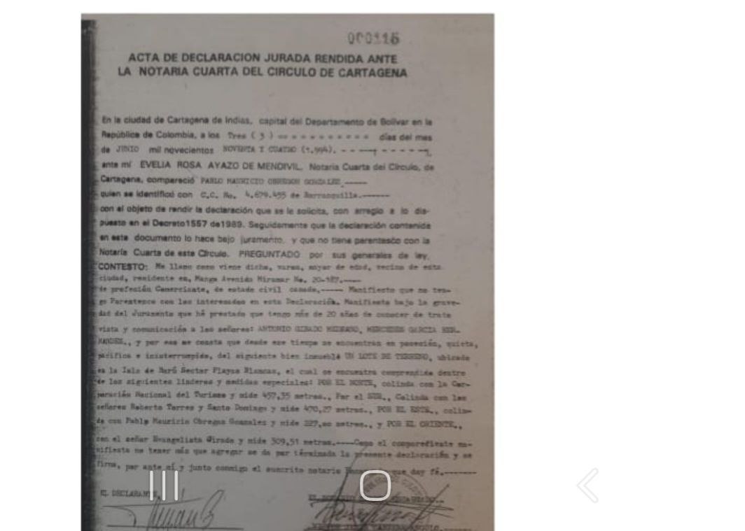 Esta es un acta de declaración jurada ante la Notaria Cuata del Circuito de Cartagena, Evelia Ayazo de Mendivil, usada para el proceso de prescripción adquisitiva en 1994 de uno de los predios. Así se produjo el despojo secular de Barú.