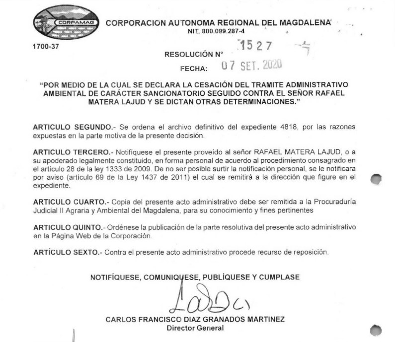 La parte resolutiva donde se declara la cesación de proceso contra una de las tres investigaciones contra Rafael Matera Lajud. a pesar de que se robaron el Río Ariguaní