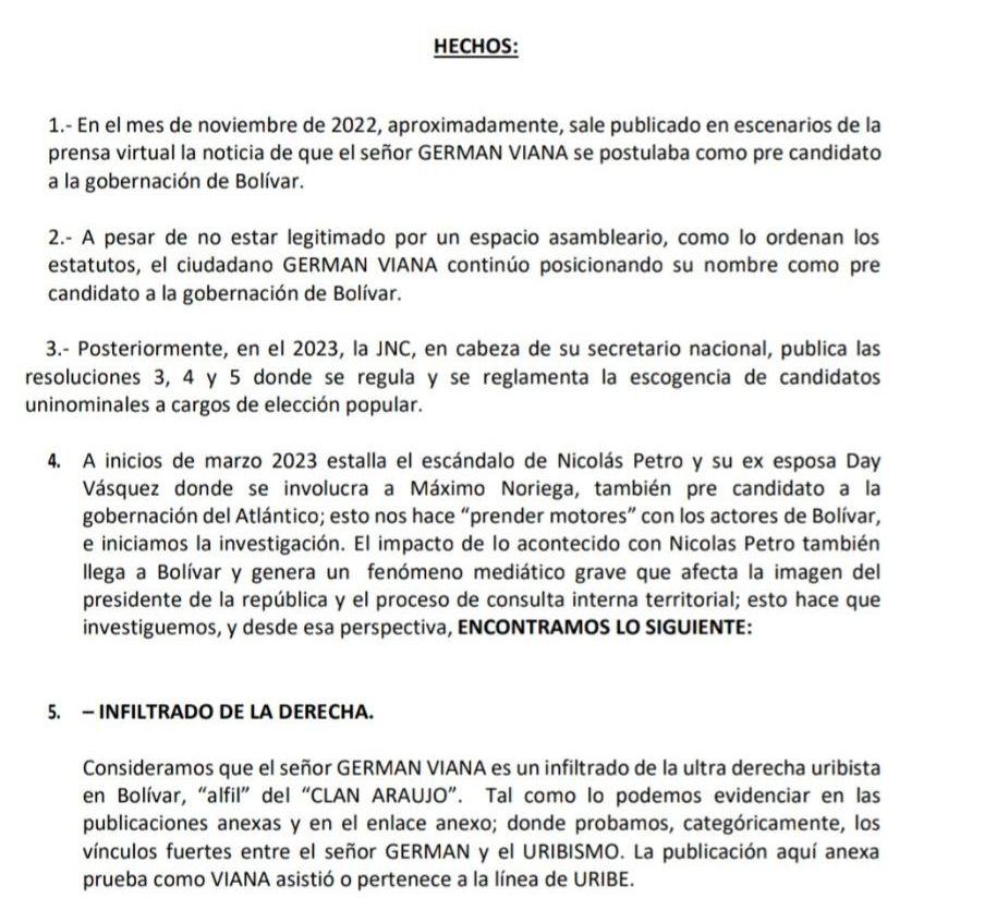 Este es el aparte de hechos de la impugnación de la candidatura de Germán Viana ante Colombia Humana. Impugnación que no fue surtida por la Dirección Nacional.