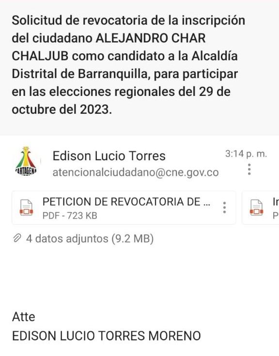 ste es captura de pantalla del envío de la solicitud de revocatoria de la candidatura de Alejandro Char enviado a las 3:14 pm al CNE