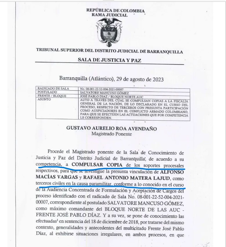 Compulsa de copia de la sentencia donde se condenaron a integrantes del frente "José Pablo Díaz" donde se encontraban como financiadores Alfonso Macías Vargas (ya fallecido) y Rafael Matera Lajud, Alias "300"