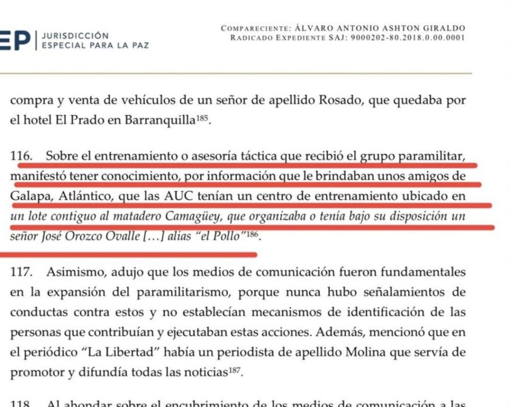 El exsenador Álvaro Asthon ratificó que contiguo al matadero Camaguey de Rafael Matera Lajud, había un lote donde entrenaban los paramilitares del Atlántico y Barranquilla.